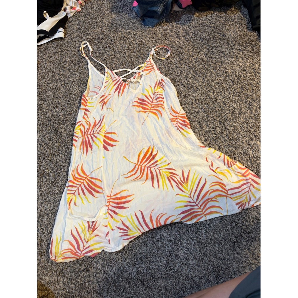 Lagaci Tropical Palm Leaf Print Mini Dress White Orange Yellow Pockets Small